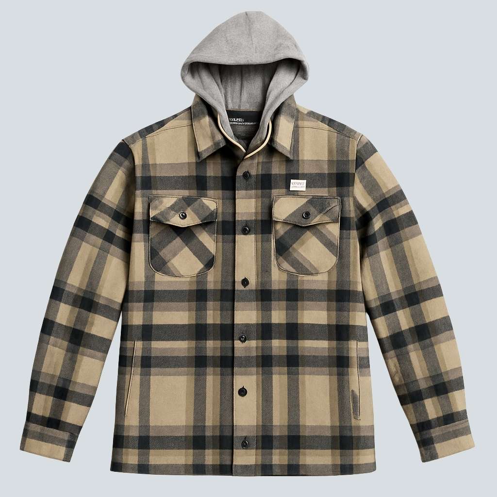 Men's Hooded Plaid Flannel Shirt Jacket.